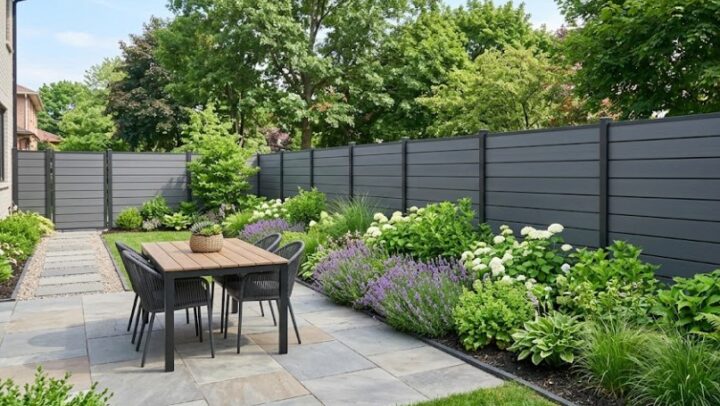 A modern garden patio with composite fencing boards, wooden dining table, grey stone slabs, and lavender and hydrangea borders