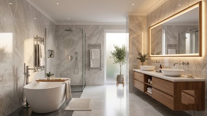 Luxury bathroom with marble cladding wall, freestanding bath, and walk in shower