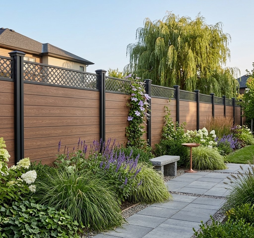 What is composite fencing panel installed as a light walnut garden boundary fence