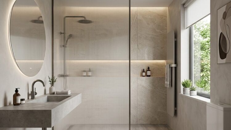 Grey oak flooring Grey oak flooring laid in a modern bathroom as a tile alternative