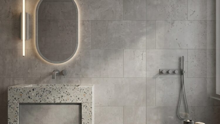 Grey stone effect discount spc wall tiles fitted in a modern bathroom