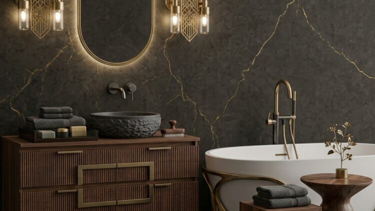 Regular spc wall tiles Grey stone effect regular spc wall tiles fitted in a family bathroom