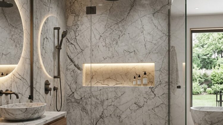 Wall shower panel Marble effect wall shower panel fitted in a bathroom shower enclosure